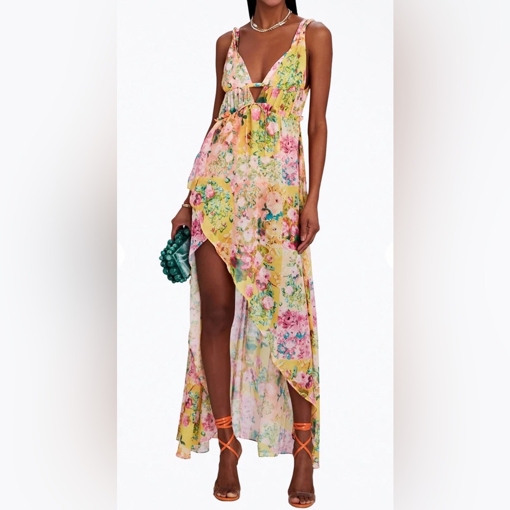 FOR LOVE & LEMONS Madison Floral Print Asymmetric Chiffon Maxi Dress